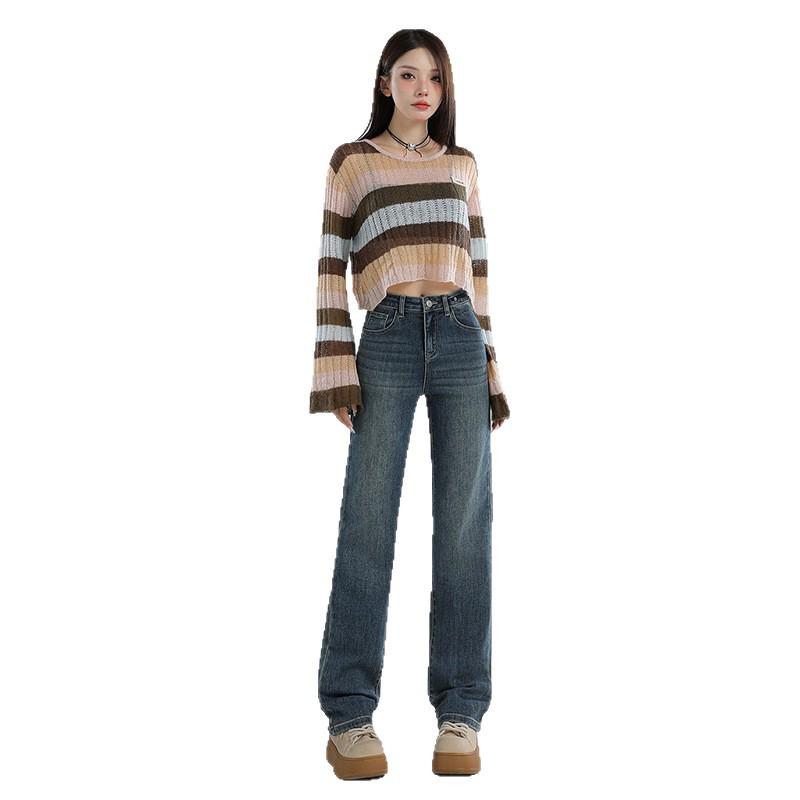 Autumn Retro High-Waist Straight Leg Mop Jeans for Women