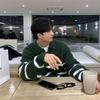 Mens Striped Knit Sweater Loose Fit Turn-Down Collar Long Sleeve Casual Top