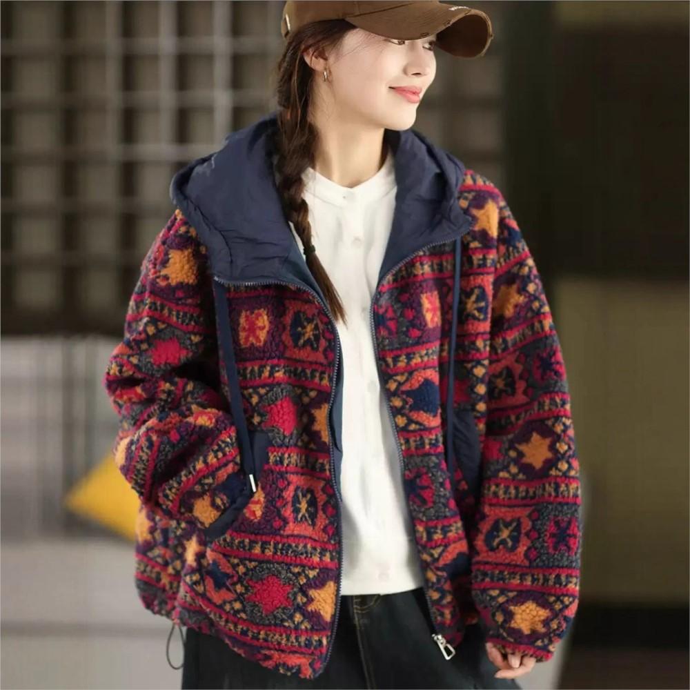 Johnature Women Vintage Hooded Print Floral Zipper Warm Winter Coats Chinese Style Long Sleeve Female Coats