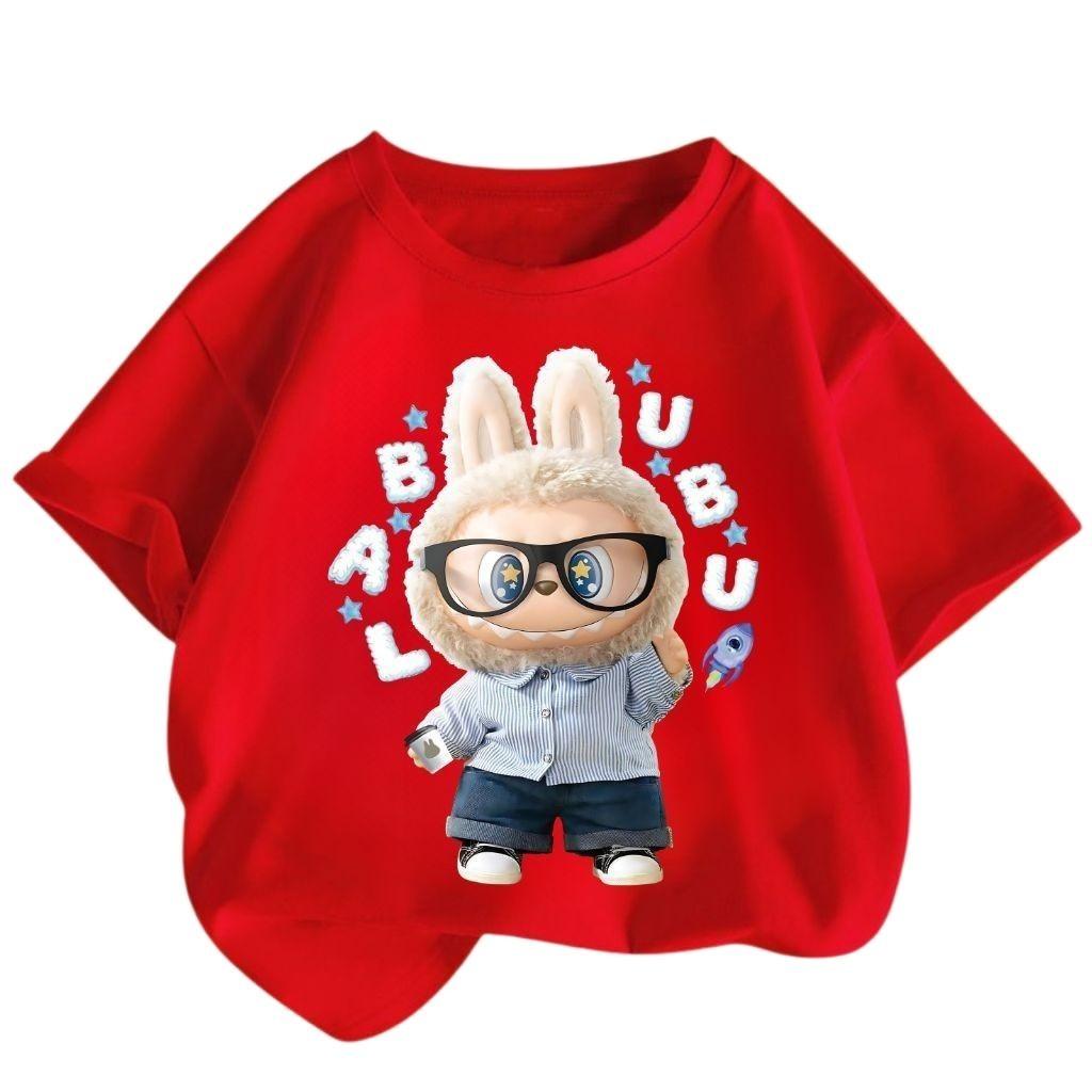 

Популярная футболка с коротким рукавом с мультяшной девочкой Лабубу 2025 года, мягкая и повседневная детская футболка с круглым вырезом и коротким рукавом 100