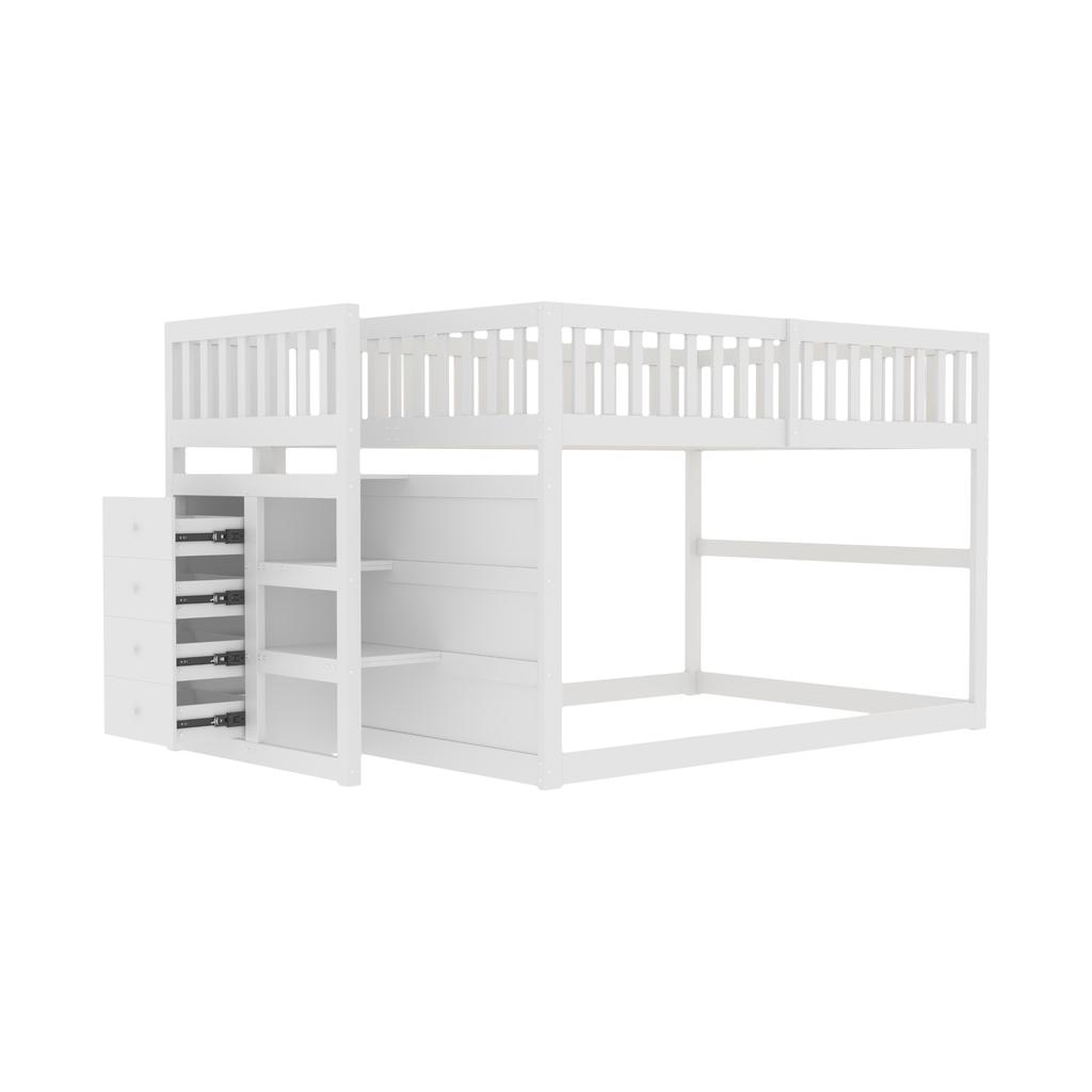 Low Bunk Bed 140 X 200 Cm, Safety Bunk Bed with Storage Compartment, High Fence Design, Wooden Bed, White
