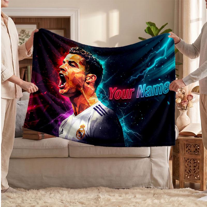 Futbol Logolu Kişiselleştirilmiş Cristiano Ronaldo Polar Battaniye, Özel İsim Yazılı Yumuşak Sıcak Ev Battaniyesi