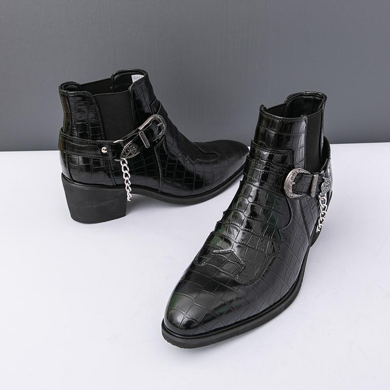 Handmade Men's Fashion Ankle Boots with Crocodile Pattern, Buckle & Chain Decoration, Dress Boots for Trendsetters&Casual&Party