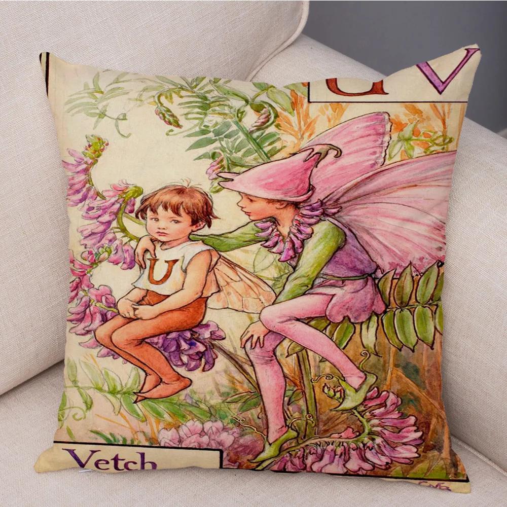 Vintage Floral Girl Pillowcase Decor Cute Cartoon Flower Elf Fairy Tale for Sofa Home Pillow Case Soft Plush Cushion Cover