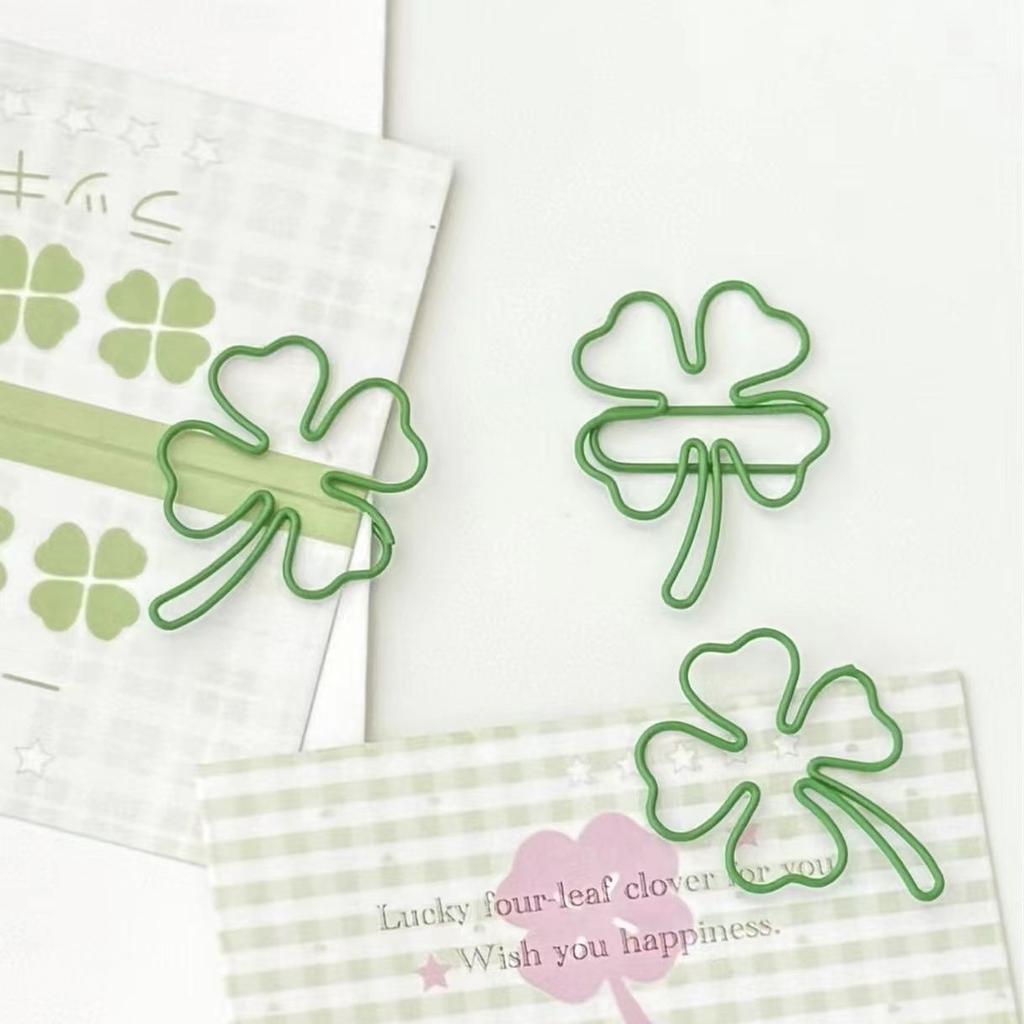10Pcs Cute Green Four-leaf Clover Paperclips Lovely Girl Scrapbook Decor Binder Clip Office Document Bill Binding Supplies