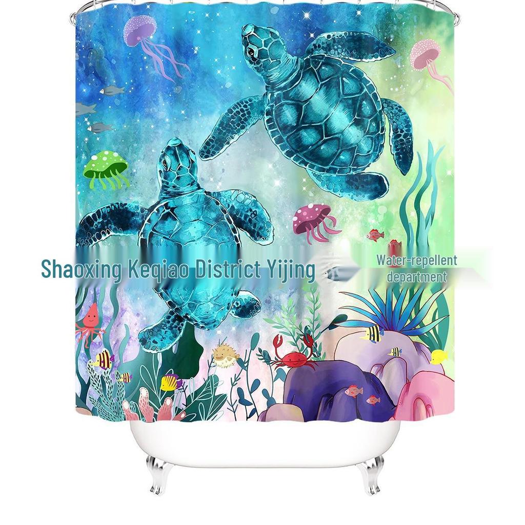 Coastal Marine Shower Curtain: Dolphin, Starfish, Seahorse, Seashell, Sea Turtle - Moisture-Proof, Mildew-Resistant, Waterproof, Beach Bathroom Décor