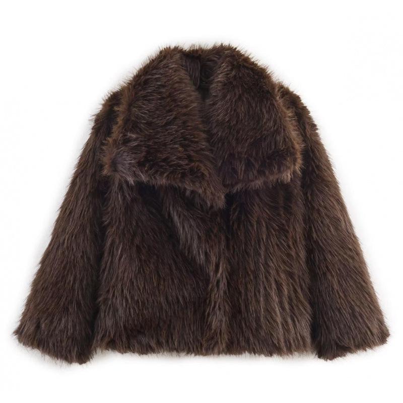 

European & American Women s Fashion Lapel Fur Coat XS темно-коричневого