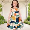 Girls Round Neck Sleeveless Geometric Printed A Line Flared Dress
