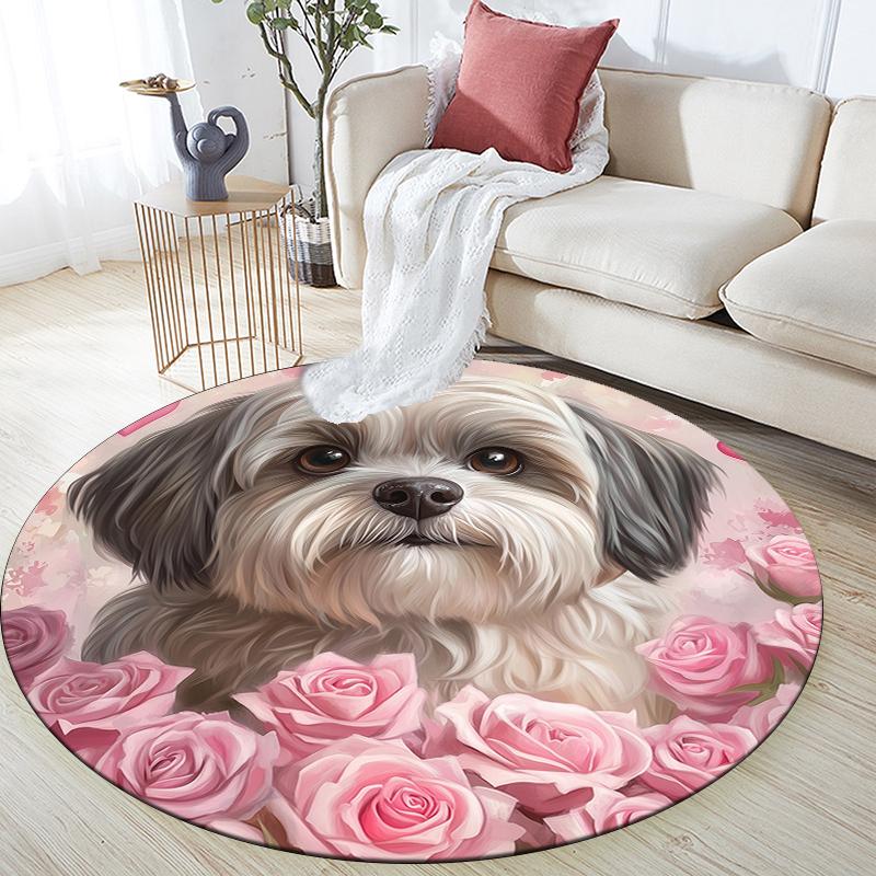 Shih Tzu and Roses Pattern Round rug,Carpet Rug for Living Room Bedroom Playroom ,Non-slip Floor Mat,Holiday Gifts and Birthday Gifts.