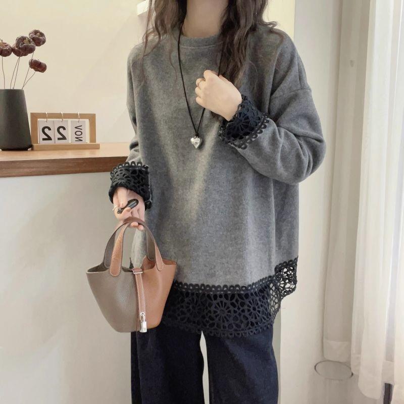 Plus Size Women's Velvet Lace Patchwork Long Sleeve Slimming Autumn/Winter Base Layer Inner Top