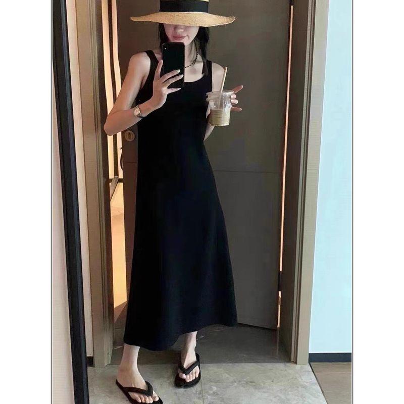 

Summer Dress Ins Korean Style Stylish Split Shoulder Strap Mid Length Long Length Base Narrow Slim Looking Halter Skirt Black skirt M