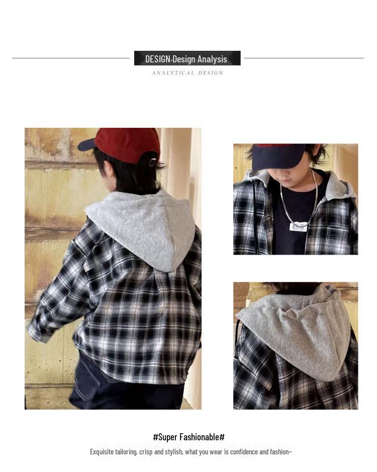 Boy's Spring & Autumn Plaid Hooded Long-Sleeve Shirt Jacket