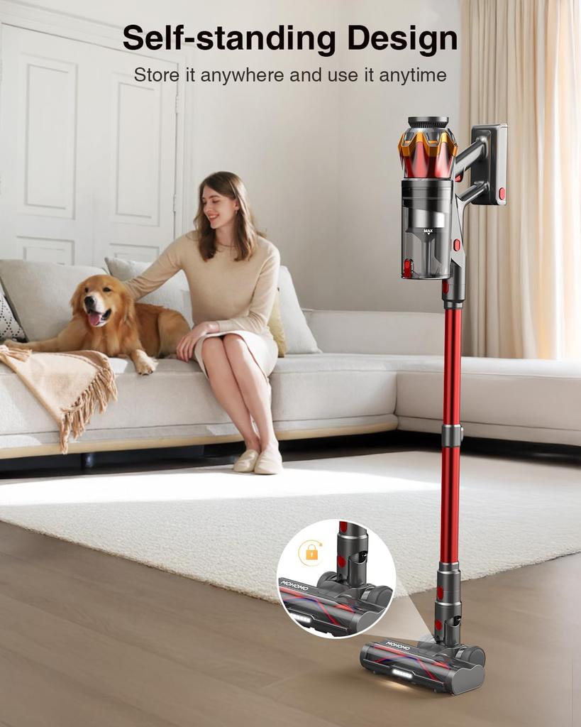 Cordless Vacuum Cleaner 600W, 50KPa, Self-Standing Stick Vacuum for Home, Hardwood Floors, Carpet, Pet Hair, Car (Red)