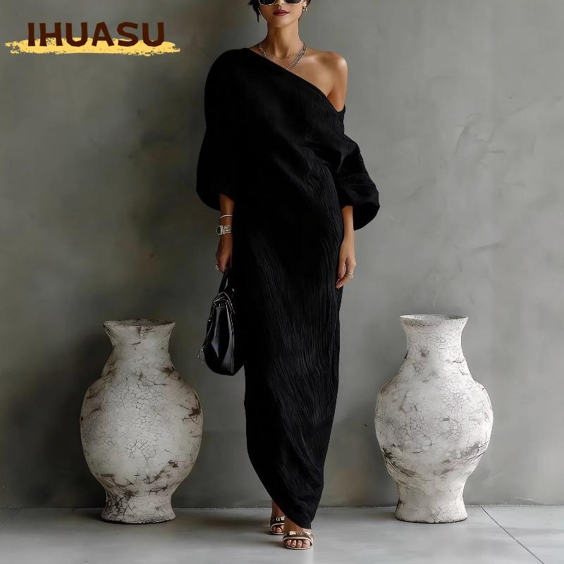 IHUASU Fashion Summer Spring Solid Color Print Long Sleeve Casual Dresses
