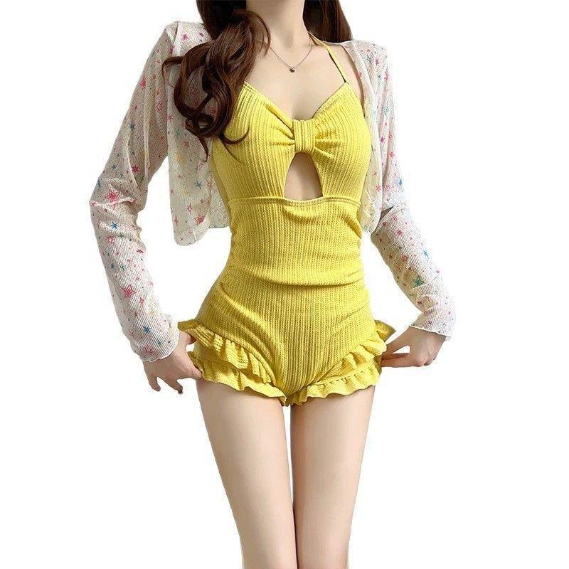 

South Korean Ins Sweet Girl Solid Color Conservative Gathered Sunscreen Blouse Boxer One-piece Swimsuit Hot Vacation XL жовтий
