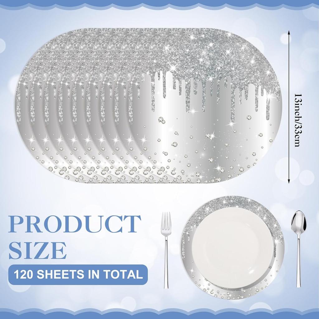 120 Pieces Silver Paper PlaceMats Glitter Diamonds Round Disposable Table Mats Decorative Paper Mats for Dining Wedding Birthday Silver Glitter