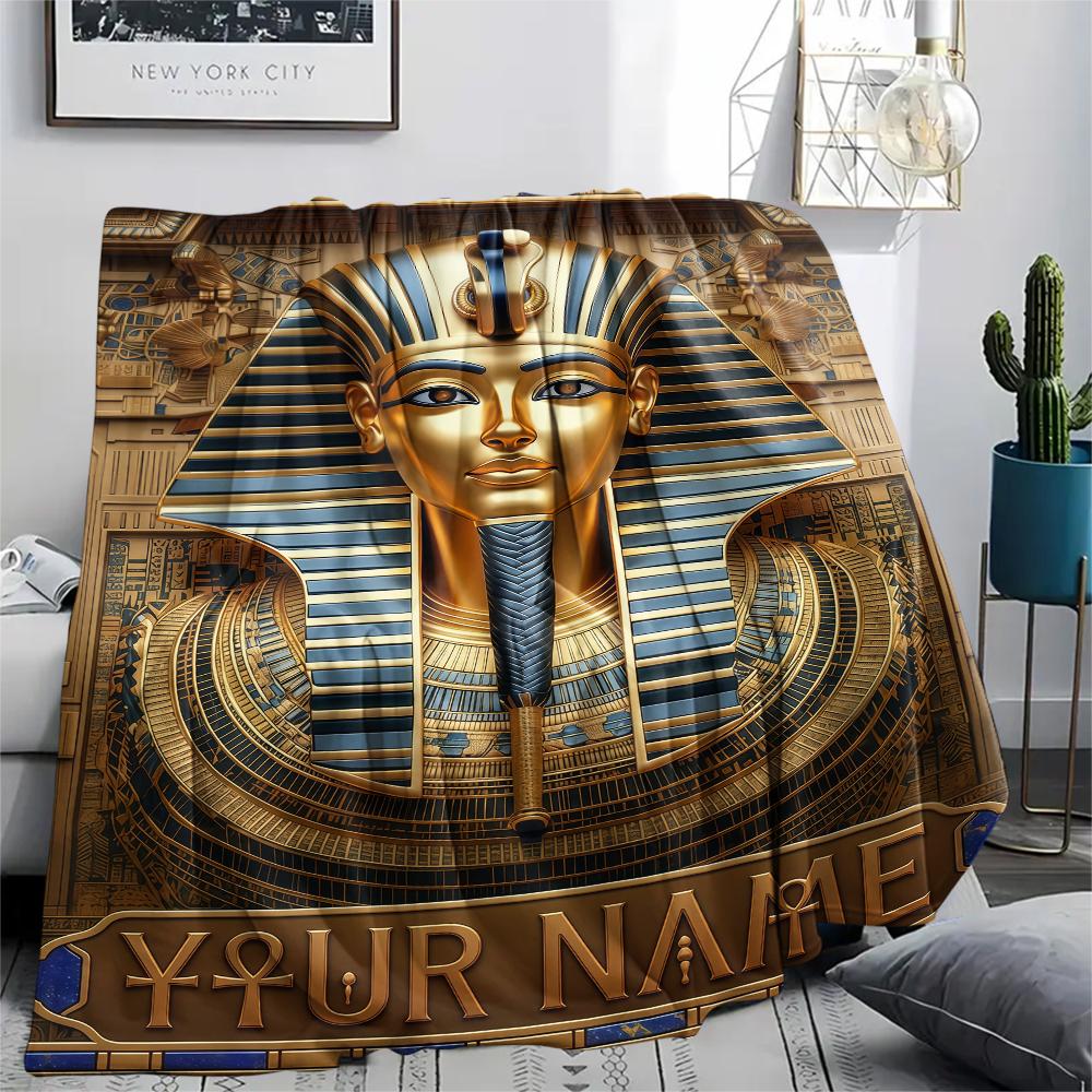 1PC Custom Name Golden Egyptian Pharaoh Patterned Flannel Blanket Suitable For All Seasons for Home Decor Warmth and Comfort Gifts Holiday Present_lx