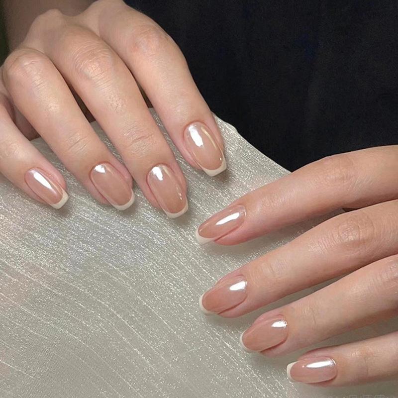 30Pcs French Pearlescent Glitter Short Square False Nails With Jelly Adhesive Detachable Full Cover Artificial Press On Nails
