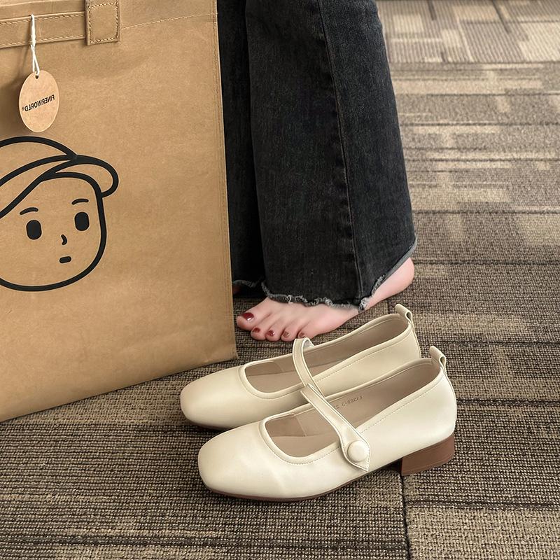 Mary Jane Women's Shoes 2025 New Spring and Summer Single Shoes Women's Flat Bottom Shallow Mouth Square Head Soft Sole Medium Heel Thick Heel Smal