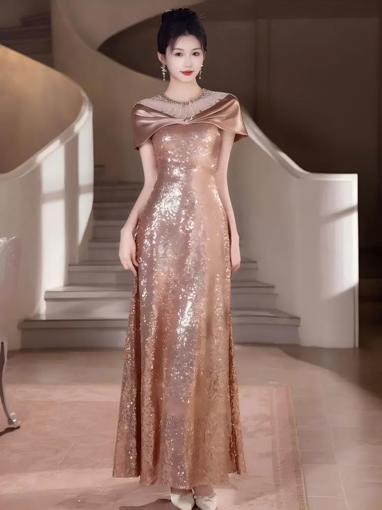 Silver evening dress 1011 new high-end adult important occasion host graduation shoulder banquet dress