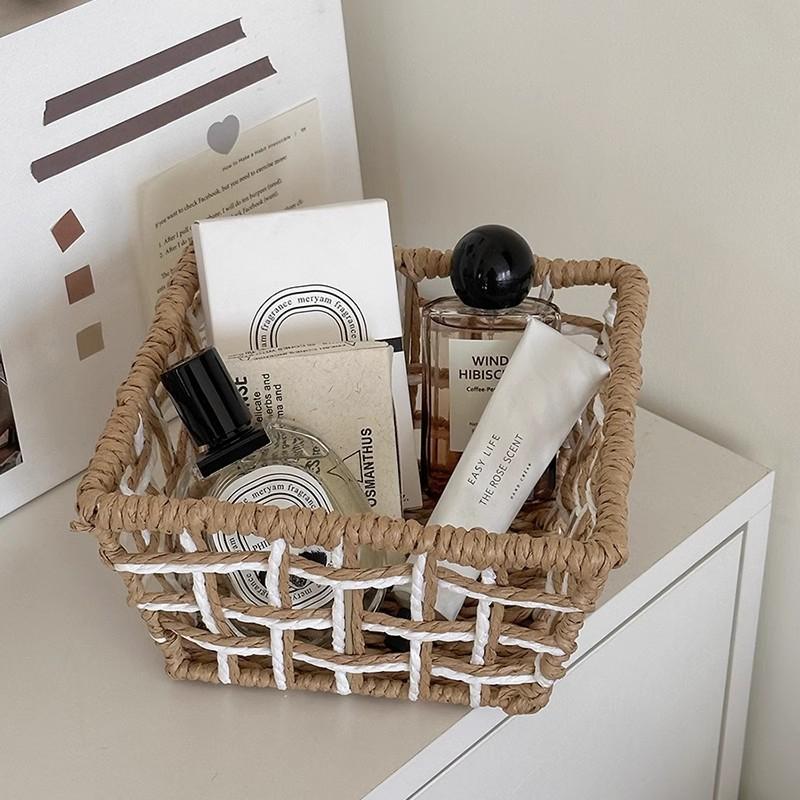 Woven Storage Organizer Square Desktop Storage Basket Creative Brown&white Display Basket For Girl Table Food Storage Organizer