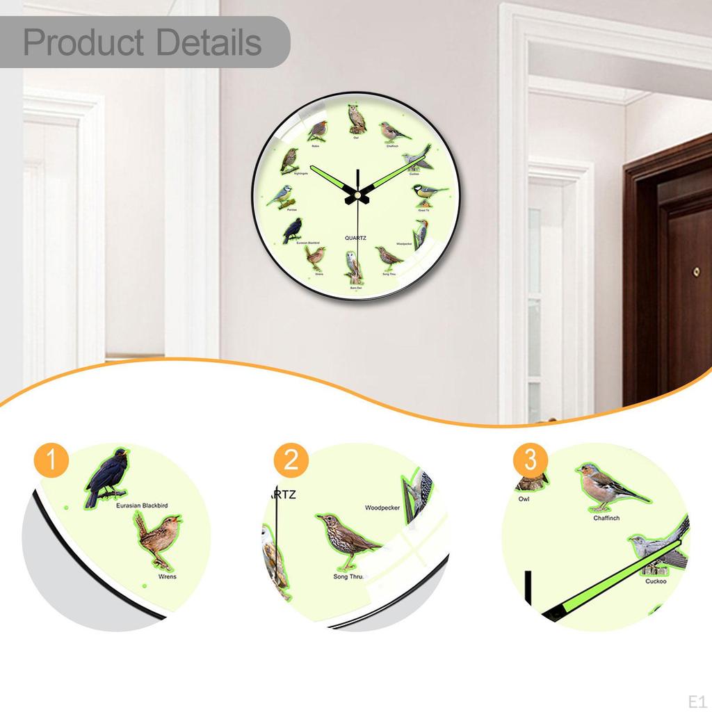 Bird Theme Wall Clock, Glow in The Dark Accessories, Decor for Bathroom, Farmhouse, Office,