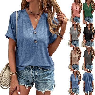 Womens V Neck Cap Sleeve T Shirts Casual Summer Tops Button Short Sleeve Shirts Loose Fit Basic Tees