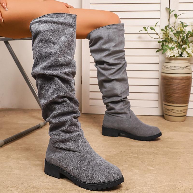 Suede Stacking Boots for Winter 2025 New Plus-size Fleece Low-heeled Sleeves Are No More Than Knee-length Boots for Women