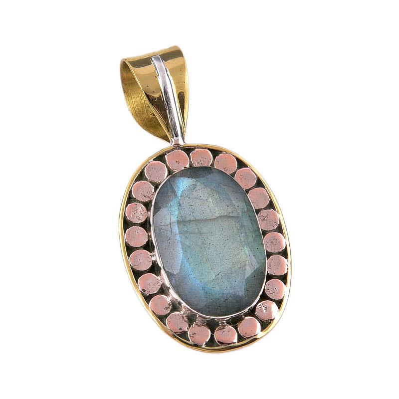 Natural Labradorite 925 Solid Sterling Silver Jewelry TwoTone Pendant 1.50" f5H60