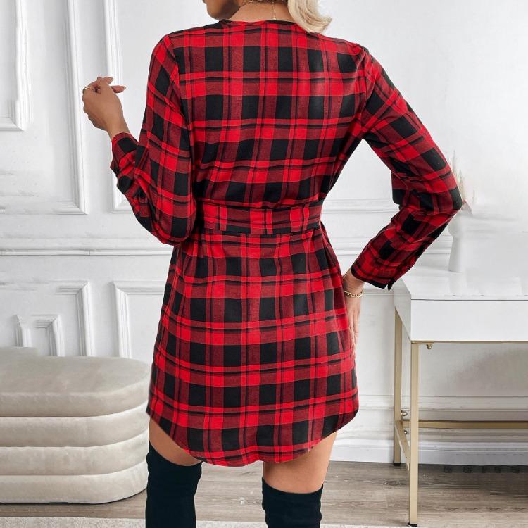 Sommer Damen Kariertes Langarmkleid V-Ausschnitt Hohe Taille A-Linie Schnürung Kurzes Kleid Frühling Mode S-XL