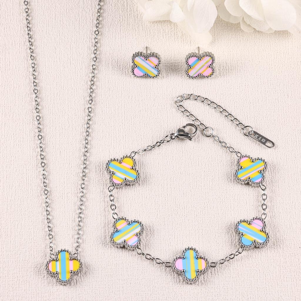 3PCS Clover 18K Gold Plated Necklace Bracelet Earnail Set Women's Light Luxury Colorful Fashion Accessories