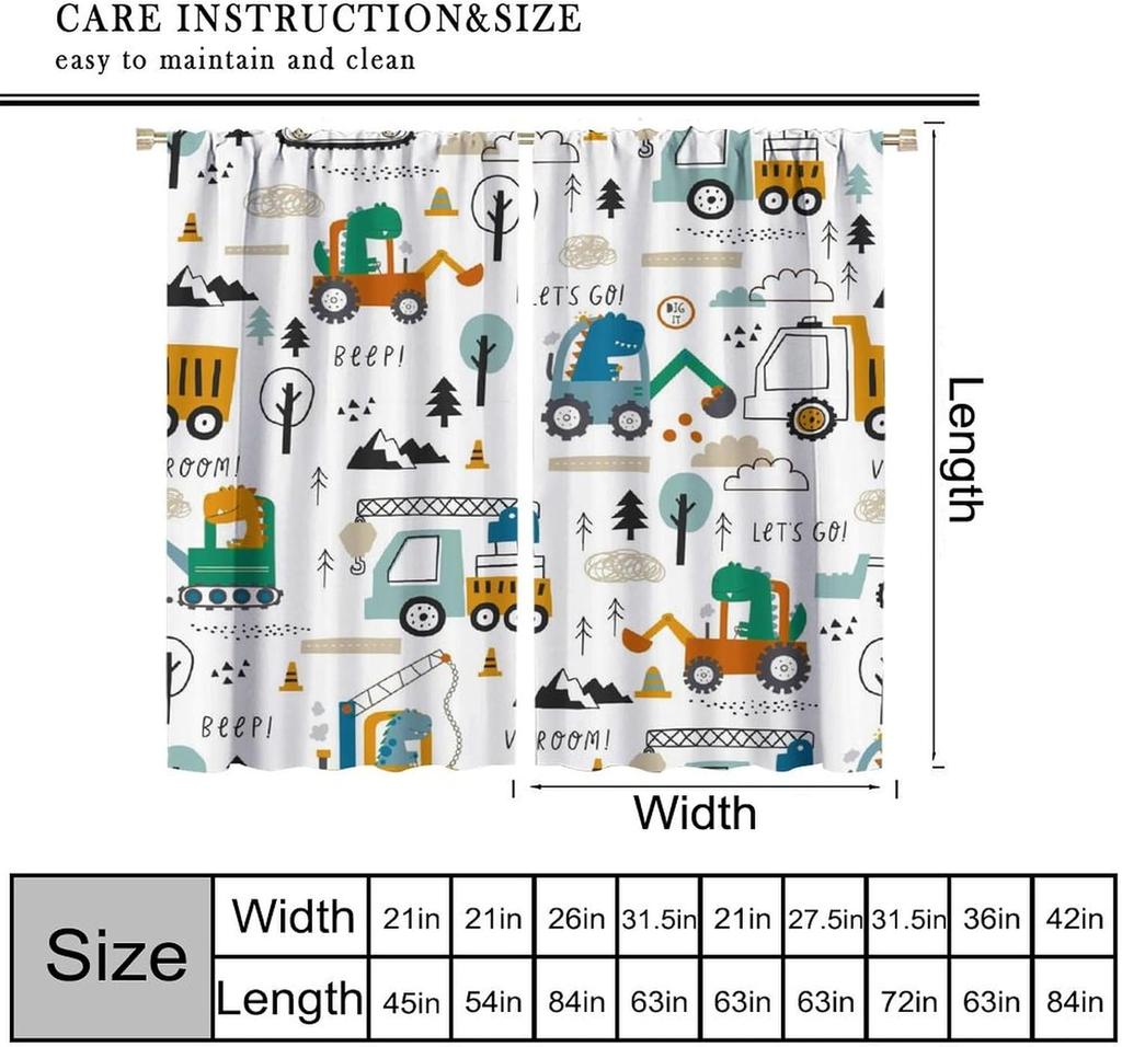 Dinosaur Construction Curtains For Boys,Cartoon Forest Architectural Site Dinosaur Excavator Tractor Truck Window Drapes Print