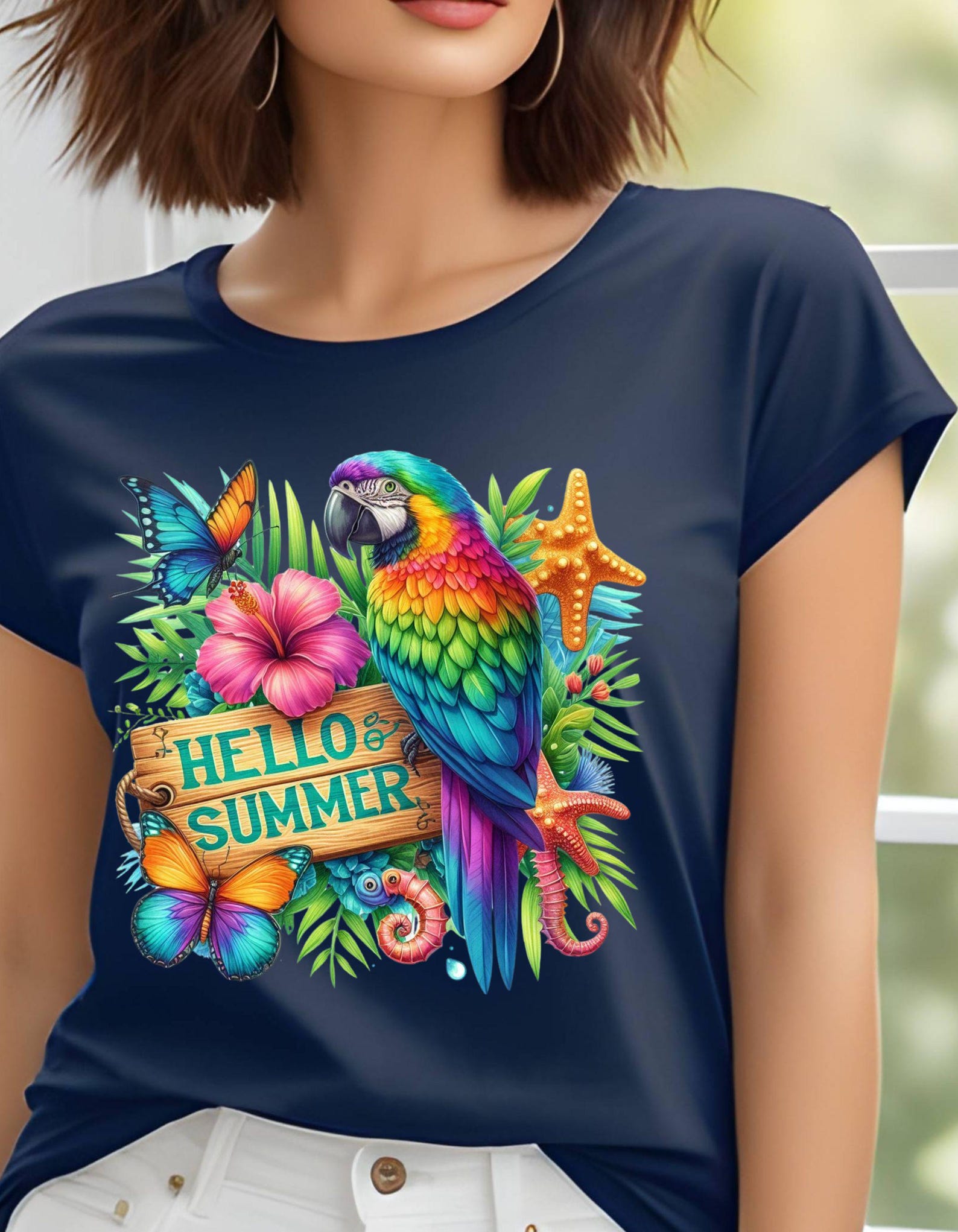 Colorful Summer Tee with Parrot Design, Tropical Shirt, Vacation Top, Gift for Nature Lovers, Summer Apparel, Hello Summer T-Shirt, 7 colors S