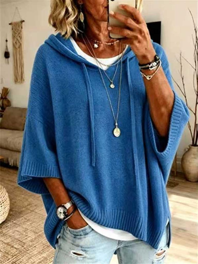 2026 women's clothing European and American new autumn and winter suit solid color loose hooded knitted sweater top
