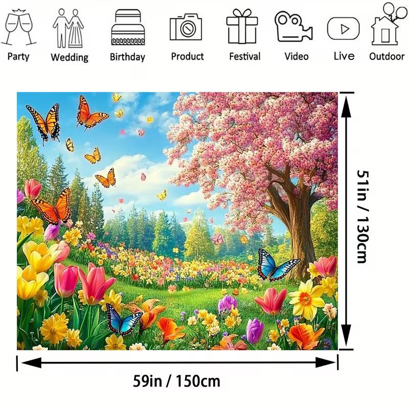 2D Cherry Blossom Backdrop, Pink Sakura Tree with Butterflies Photo Background for Studio Photography