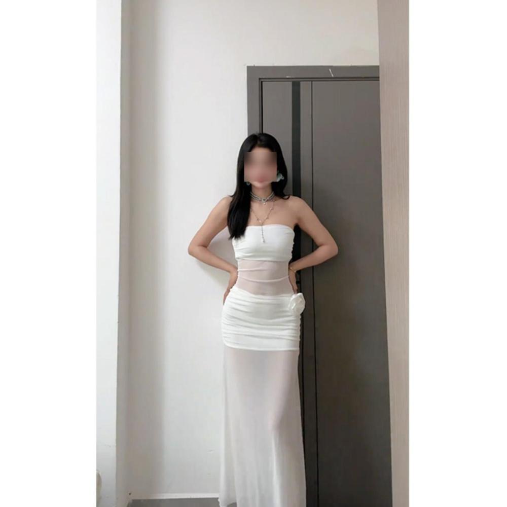 

Платье-бандо из сетки с романтичной отделкой в виде трехмерных цветов, облегающее бедра XL- (recommended 110-60kg)