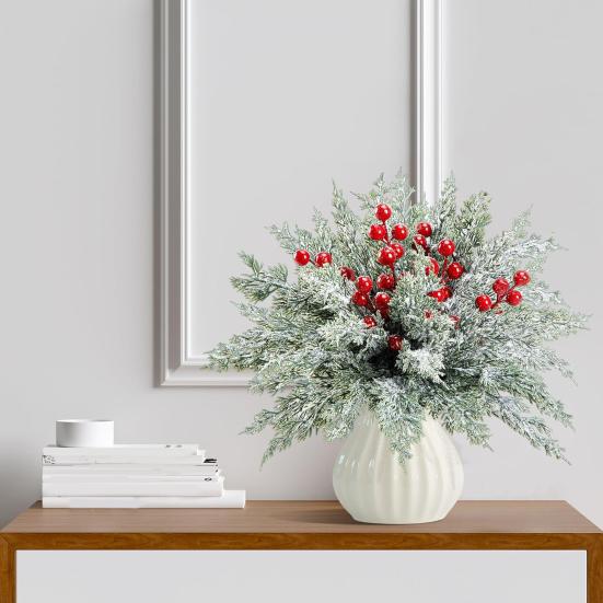 55/60Pcs Artificial Pine Branch Christmas Holly Berries Branch Faux Greenery Pine Needle Pick Fake Red Berry Stems Xmas Holiday Party Decoration