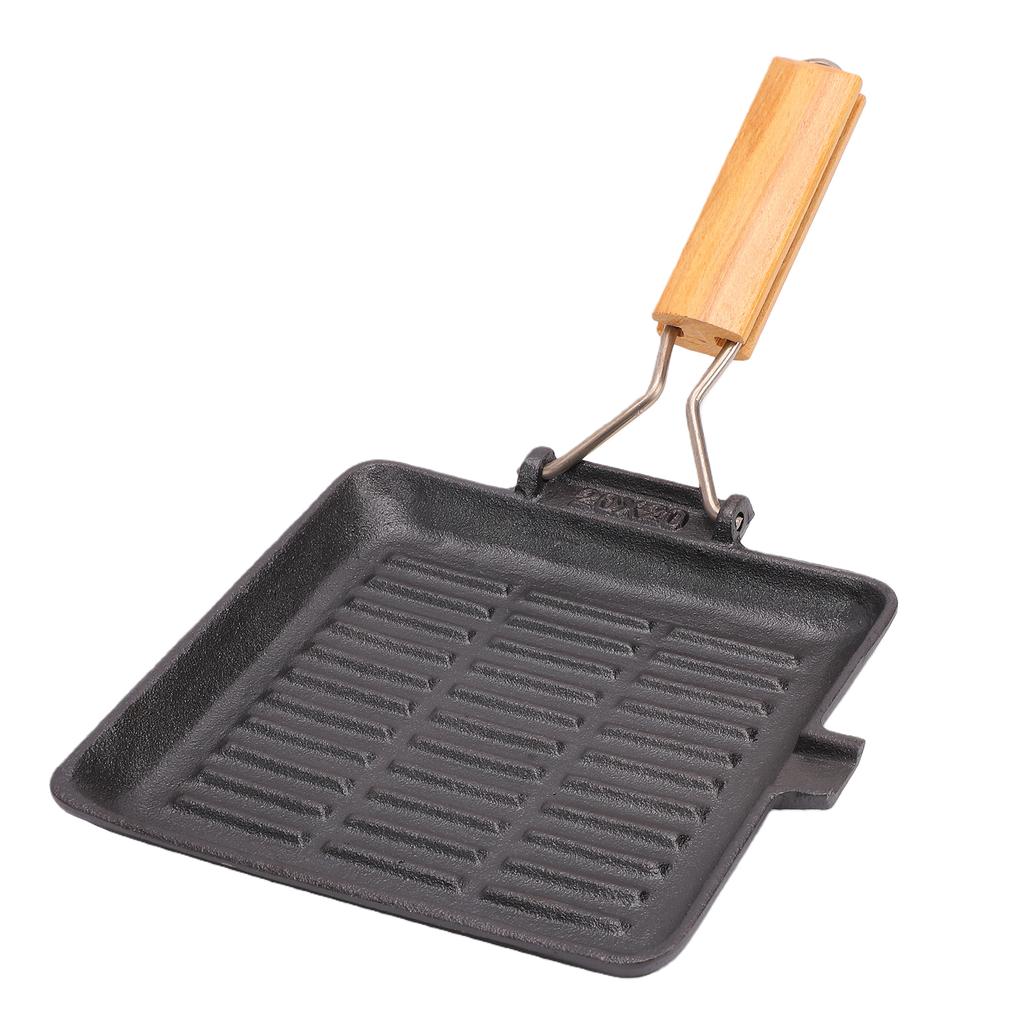 20cm Steak Grill Pan Uncoated Anti Stick Cast Iron Grill Skillet with Wood Handle for Gas Stoves Induction Cooktops