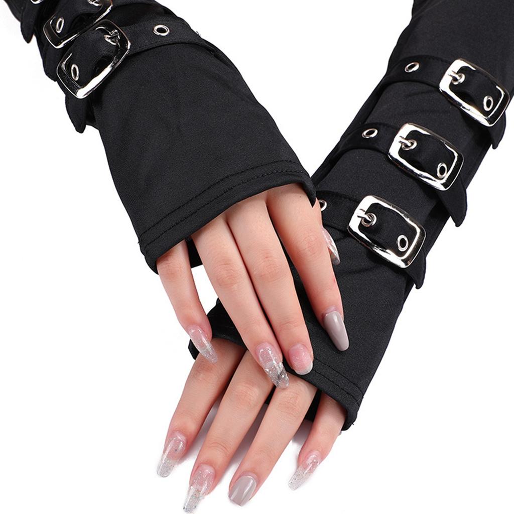 Guantes Largos para Mujer con Orificio para el Pulgar Decoración de 3 Hebillas Guantes Elegantes sin Dedos para Fiesta de Cosplay Negro