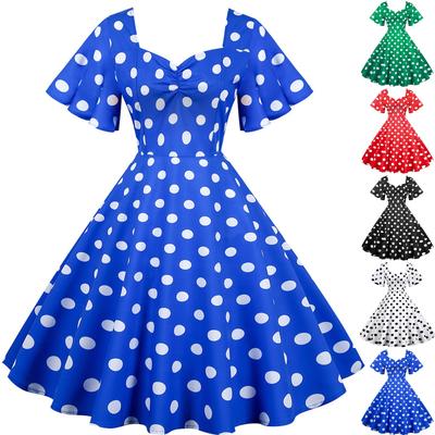Kadın Modası Günlük Kısa Kollu Slim Vintage Puantiyeli Baskılı Salıncak Elbise