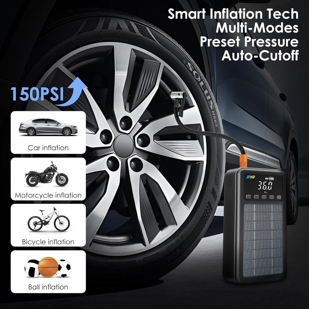 3000A Jump Starter with Air Compressor 150PSI, 12V Lithium Battery, Portable Jump Box with Solar & PD 45W Fast Charge