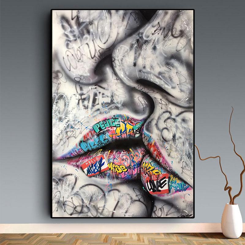 Abstraktní pouliční graffiti umělecká grafika Milovník líbání Malba na plátně Plakáty a tisky Ruční obraz na zeď do obývacího pokoje Home Decor