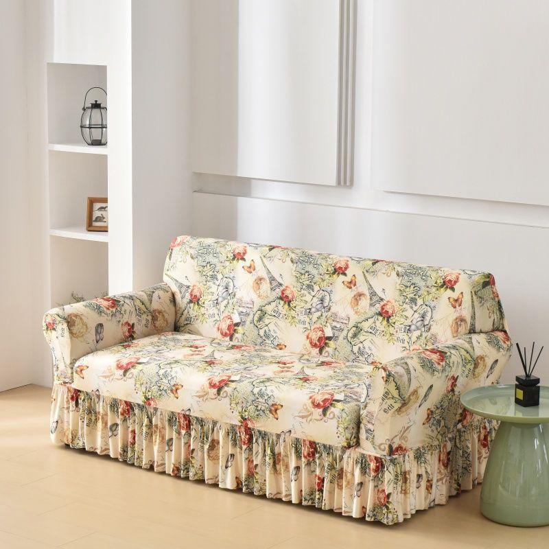 Floral Digital Print Elastic Sofa Cover with Ruffled Hem - Stretchy One-Piece Design, Adjustable Straps  Couch Covers for Sofa
