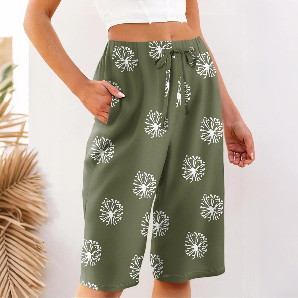 Pantaloni scurți largi de vară pentru femei, cu talie elastică și șnur, din bumbac și in floral