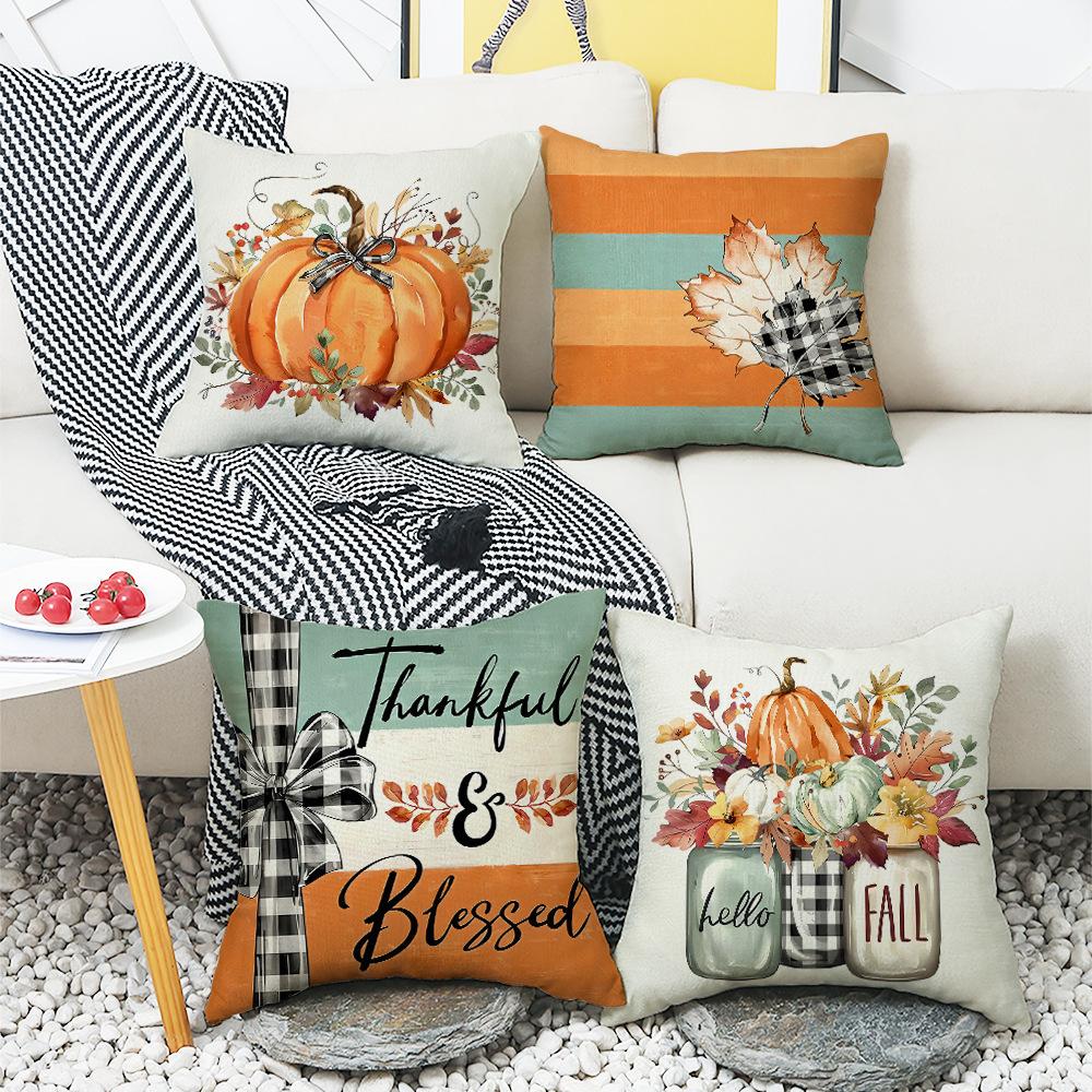 New Thanksgiving Letter Color Block Print Pillow Cover Pumpkin Element Sofa Home Lumbar Pillow