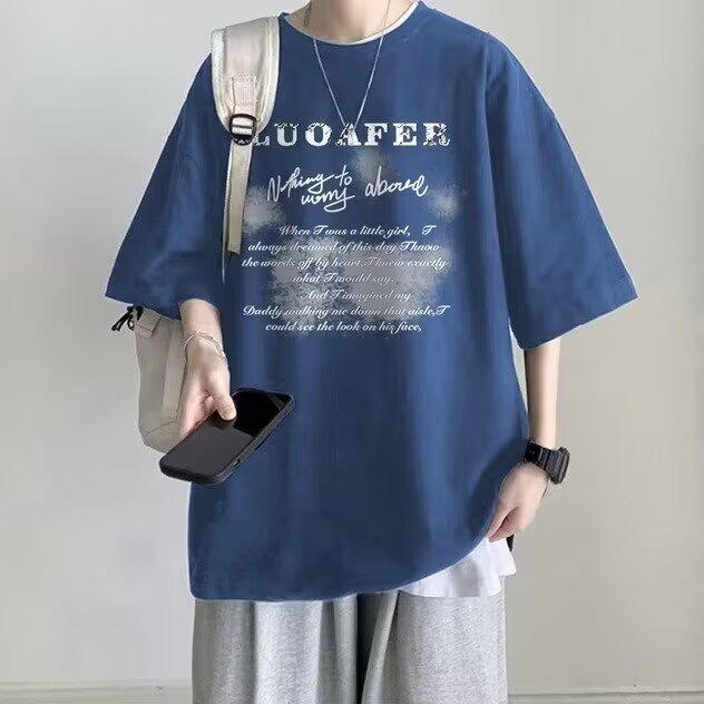 

Футболка с коротким рукавом мужская модная брендовая летняя свободная с рукавом пять четвертей модная в стиле минимализма с принтом 5XL темно-синий