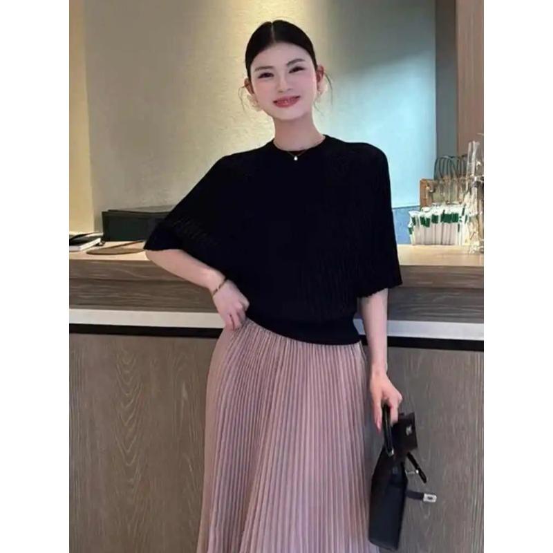 Fashion Black O-Neck Knitted Sweater Women Pullovers Summer Short Sleeve Knit Sweater Pullover Women Sueters
