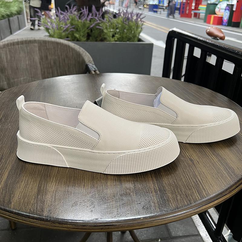 One-pedal men s shoes first-layer cowhide thick-soled casual board shoes spring and summer breathable lazy foot cover white shoes genuine leather 38