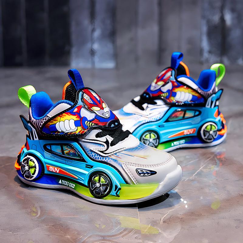 Boys Shoes Spring 2025 Children's Sports Car Light Shoes Fried Street Boys Sports Trend Shoes Soft Sole Ultraman Classmate