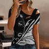 Women Geometric Pattern Print Cold Shoulder Short Sleeve T Shirt Irregular Cutout Neck Casual Summer Blouse Top